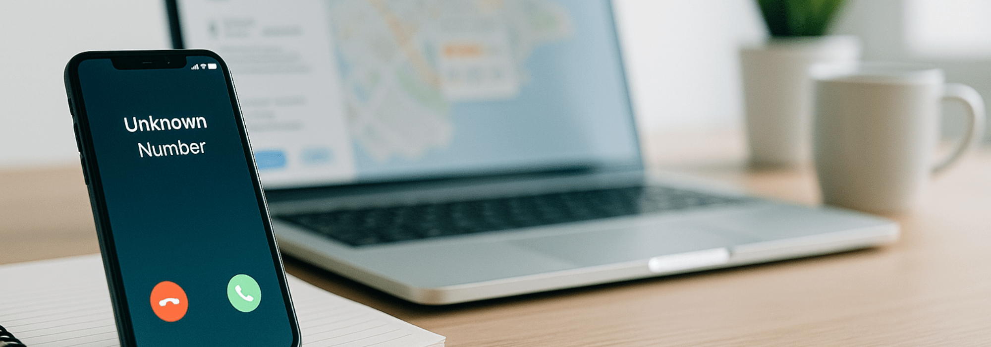 Smartphone displaying an incoming call on a business desk beside a laptop with maps, symbolising AI-driven enquiries and local search readiness.