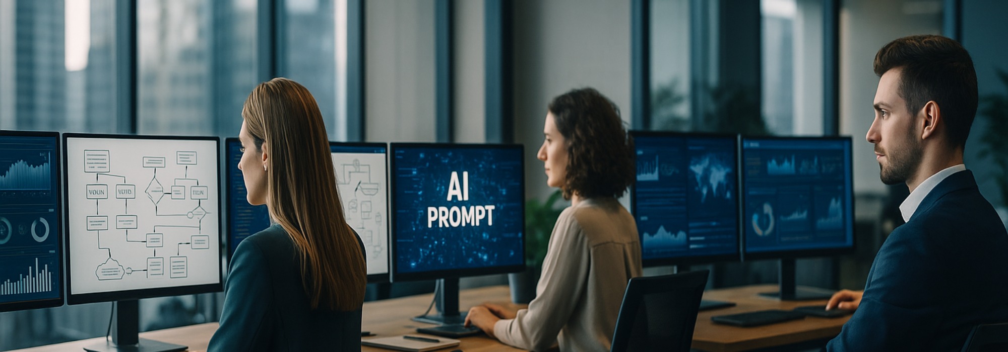 Ultra-realistic wide photo of a modern digital marketing office with professionals analysing AI prompt results and analytics dashboards on multiple monitors. Natural lighting, cinematic style, symbolising AI visibility, schema optimisation, and machine readability.