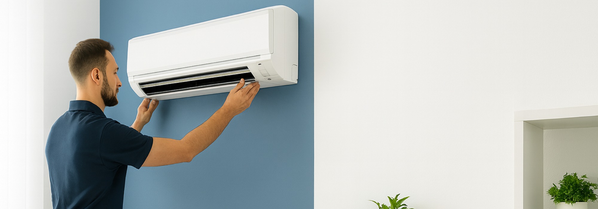 Technician adjusting a modern air conditioning unit in a professional UK office, representing Controlled Climate’s growth through Local SEO and PPC campaigns