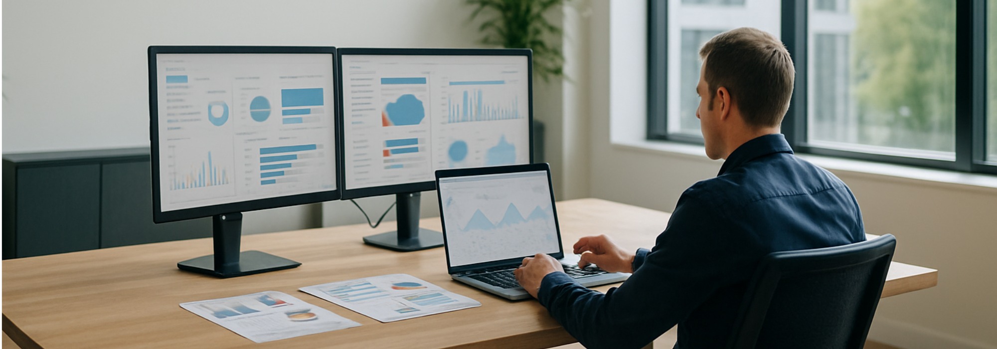 Ultra-realistic UK office with a professional at a desk reviewing platform dashboards, analytics charts, and comparison data on dual monitors and laptop. Clean workspace, natural daylight, no text visible.