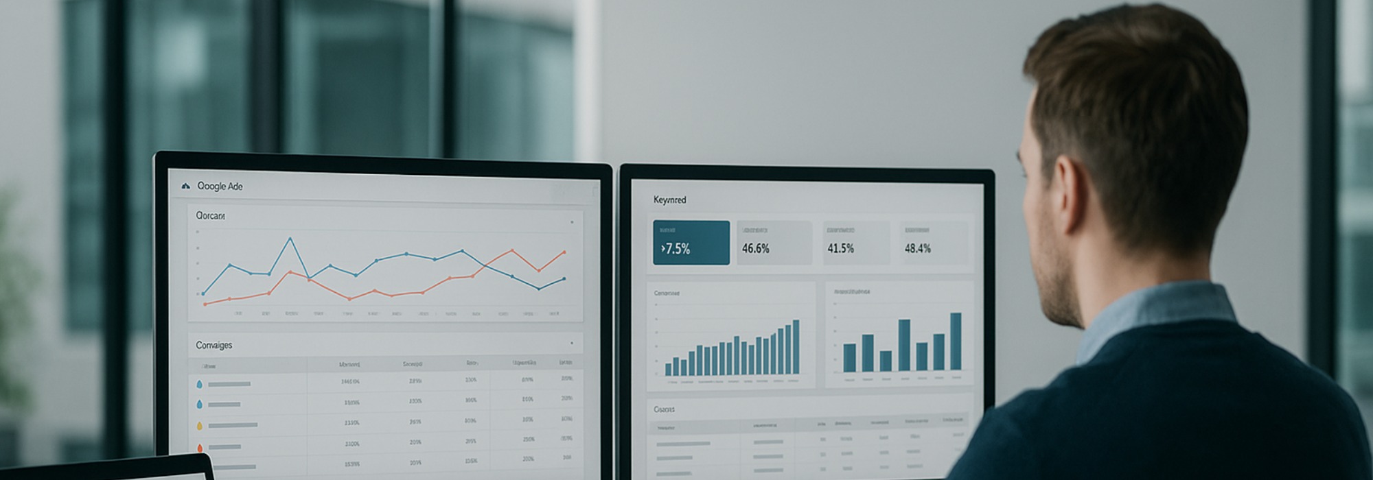 Ultra-realistic photo of a marketing professional in a UK office viewing dual monitors with PPC dashboards, charts, and campaign performance reports, representing Google Ads and PPC management services.
