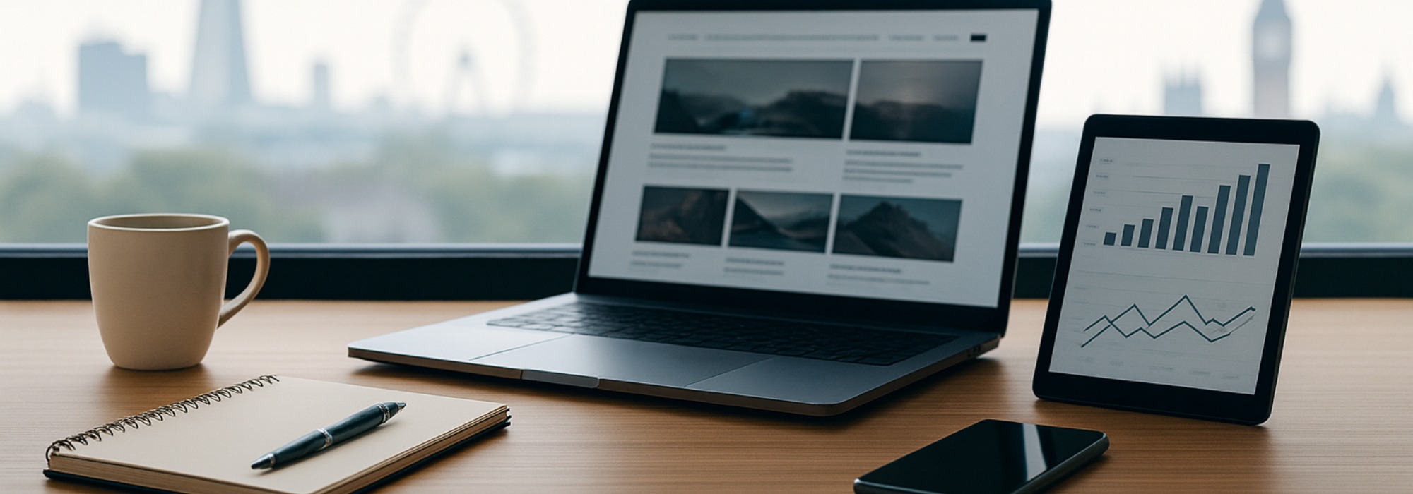 UK office workspace with laptop, tablet showing abstract analytics charts, and smartphone on a clean wooden desk. Large window with blurred London skyline in the background. Professional setup representing SEO, digital marketing, AI, and website design.