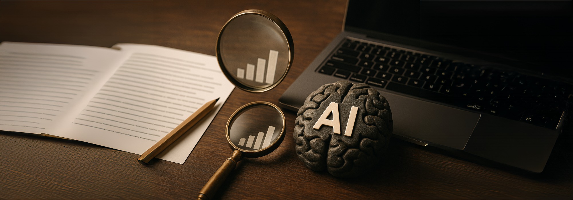 Realistic composition showing AI content engineering and SEO copywriting with a pencil on written text, magnifying glass over analytics, and an AI brain model beside a laptop.