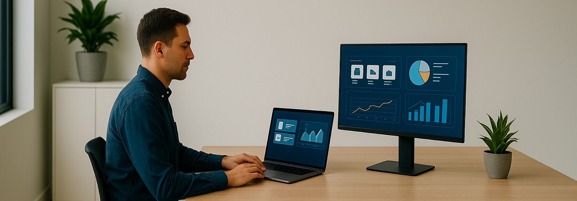 A wide-angle photo of a professional working at a desk in a modern office, analysing ecommerce SEO dashboards and product analytics on dual monitors. Minimalist décor, natural daylight, with space for text overlays.