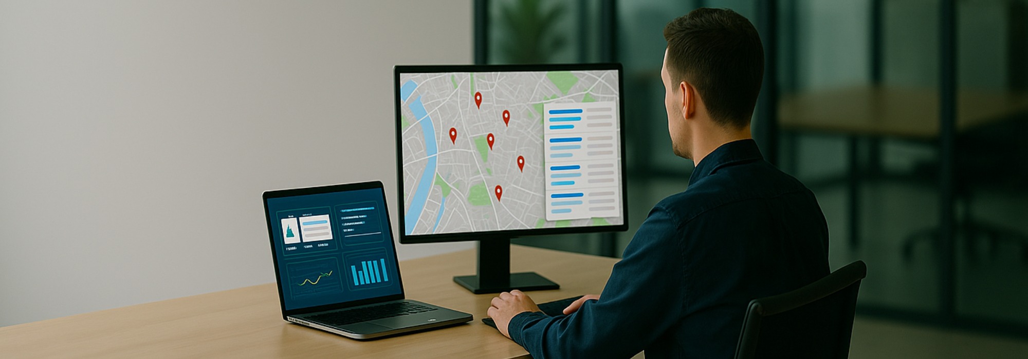Ultra-realistic wide photo of a professional in a modern office, working on a laptop and monitor displaying Google Maps pins, business listings, and SEO analytics dashboards. The subject is small in the frame with wide negative space for text overlays.