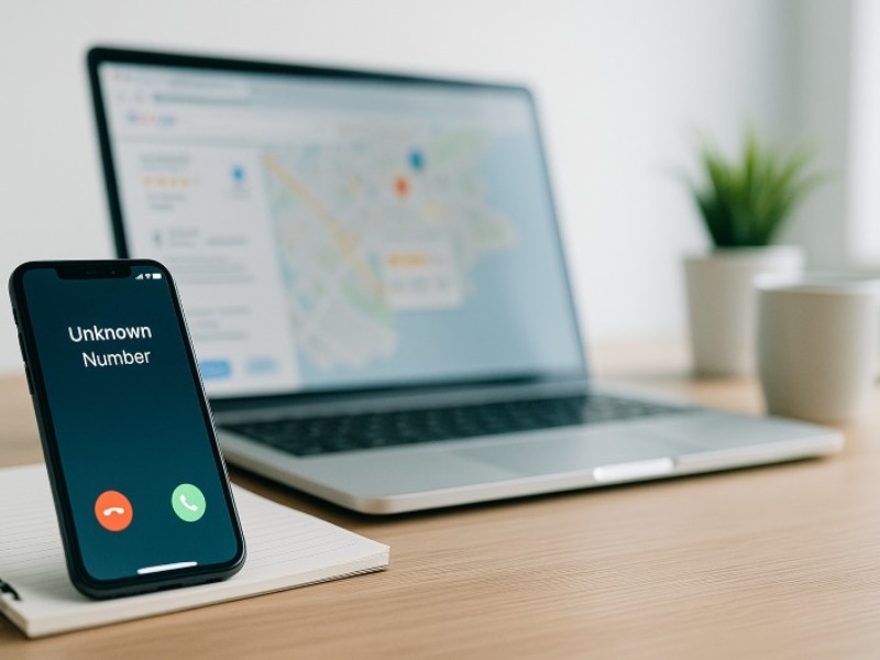 Smartphone showing an incoming unknown number call with laptop in background representing Google AI local lead calls