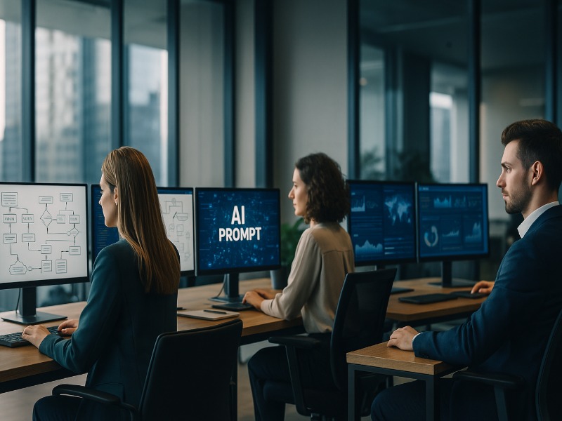 Business professionals using AI tools on computers to boost brand visibility and future-proof strategies