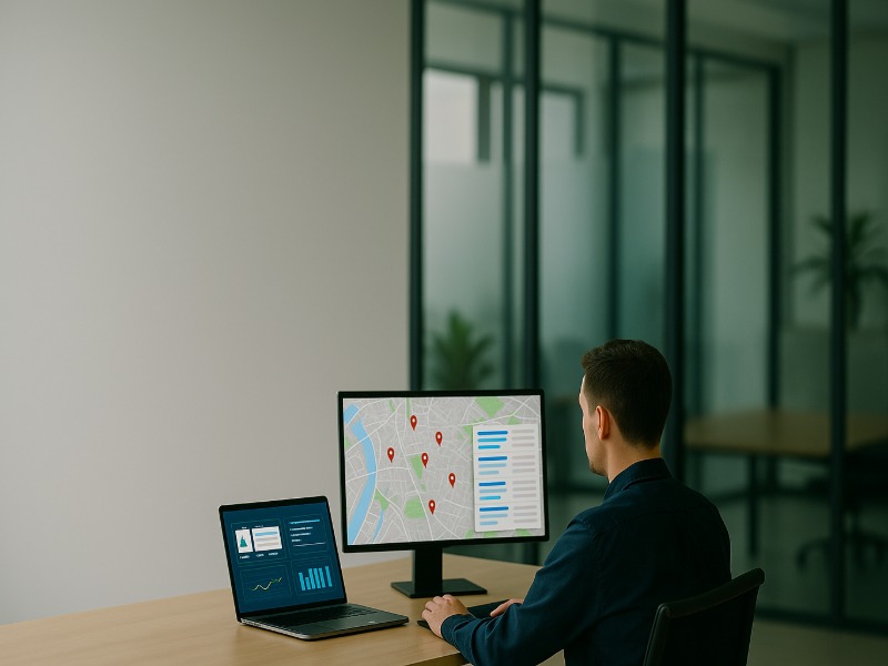 Businessman using computer with map pins for local SEO location tracking in office