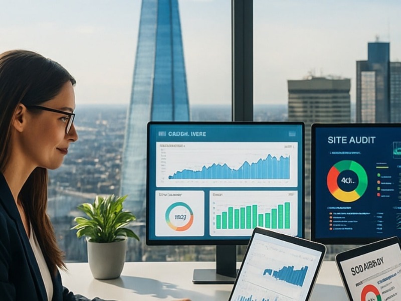 SEO consultants analysing technical site audit data on laptops and monitors in London office