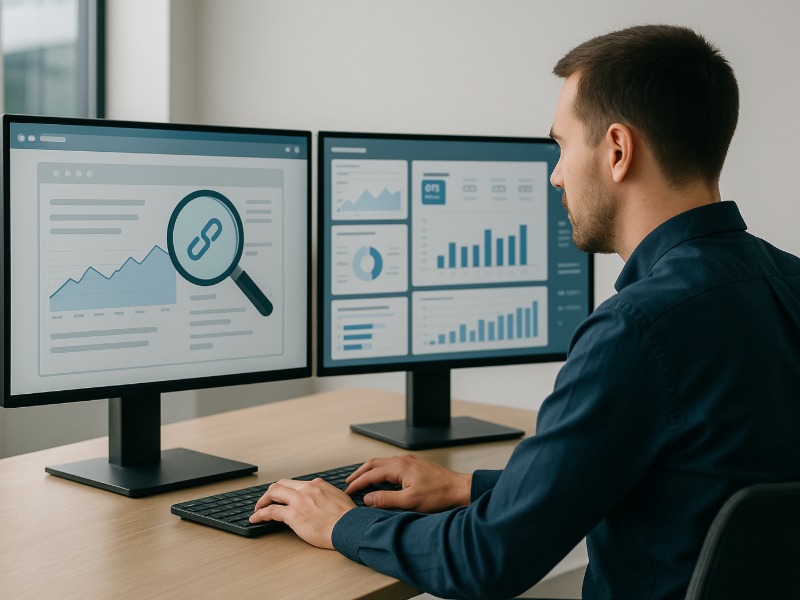 Close-up of a professional reviewing website audit results on dual screens, illustrating technical SEO and conversion analysis.