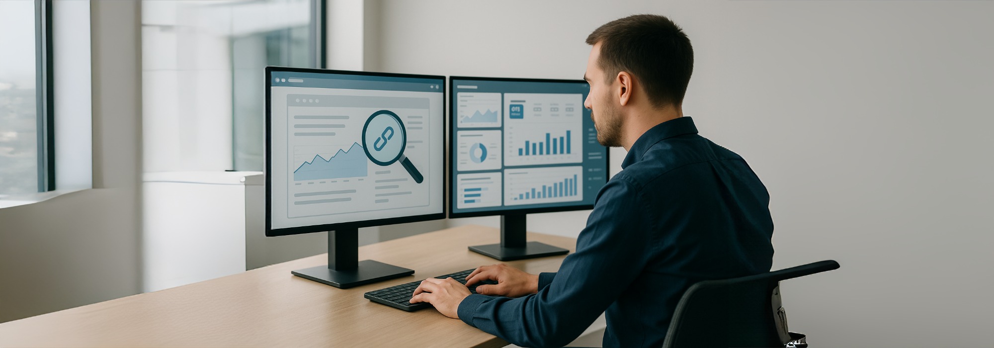 Professional analysing website SEO audit data on dual monitors in a bright modern office, representing diagnostics and conversion issue detection.