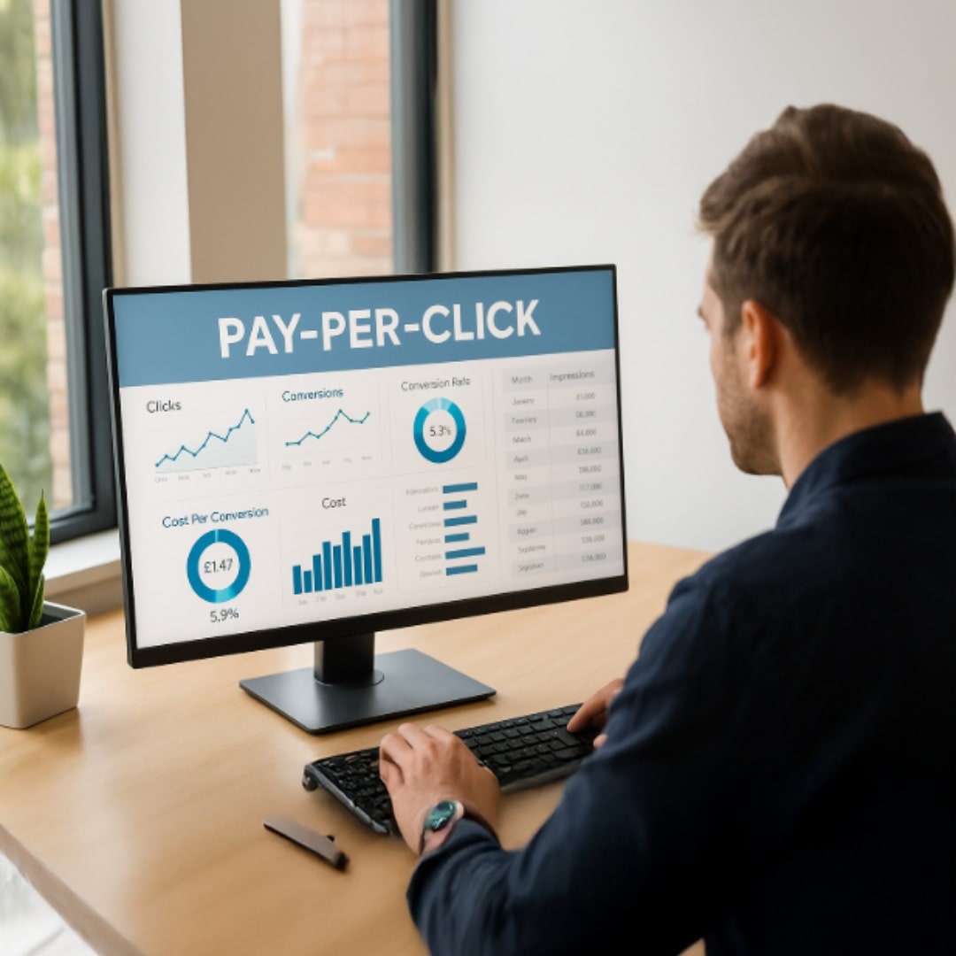 Digital marketing professional analysing Google Ads message-asset performance dashboard in a modern UK office, representing PPC compliance and performance review.