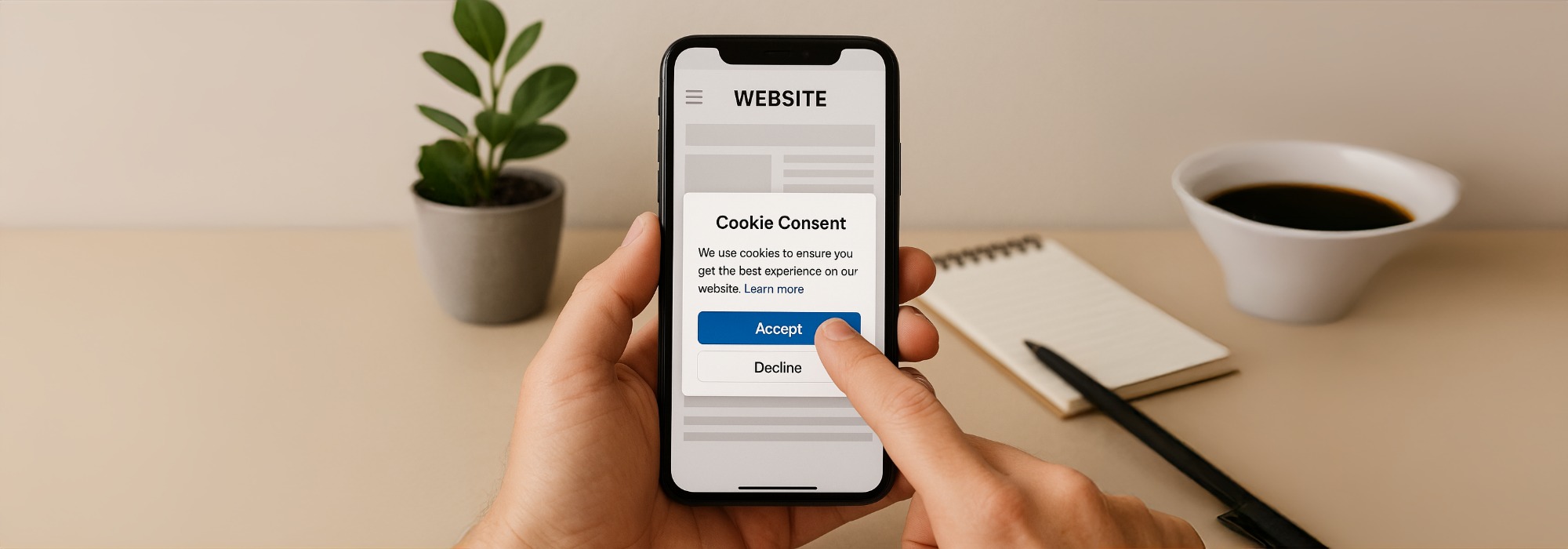 Close-up of a modern laptop and coffee cup on a wooden desk, symbolising online privacy, cookie management, and secure website browsing - used for the Cookie Policy page on the KAP SEO Services website.