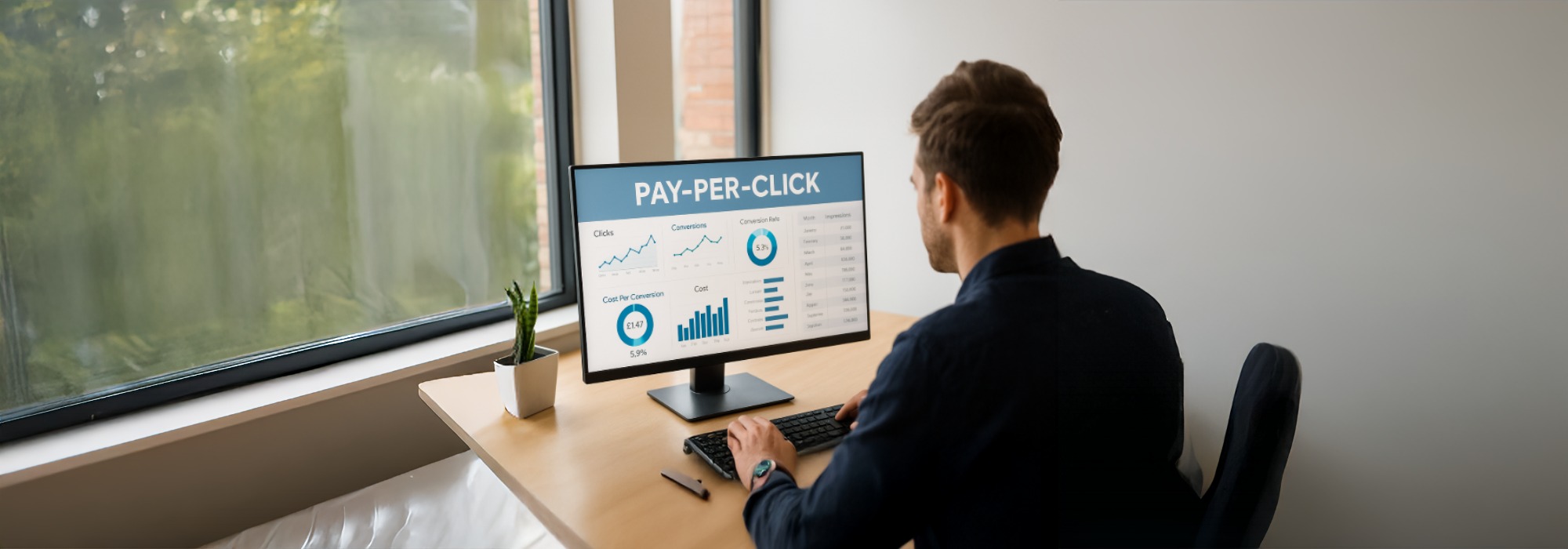 Professional analysing Pay-Per-Click dashboard metrics on a computer in a modern UK office with natural daylight