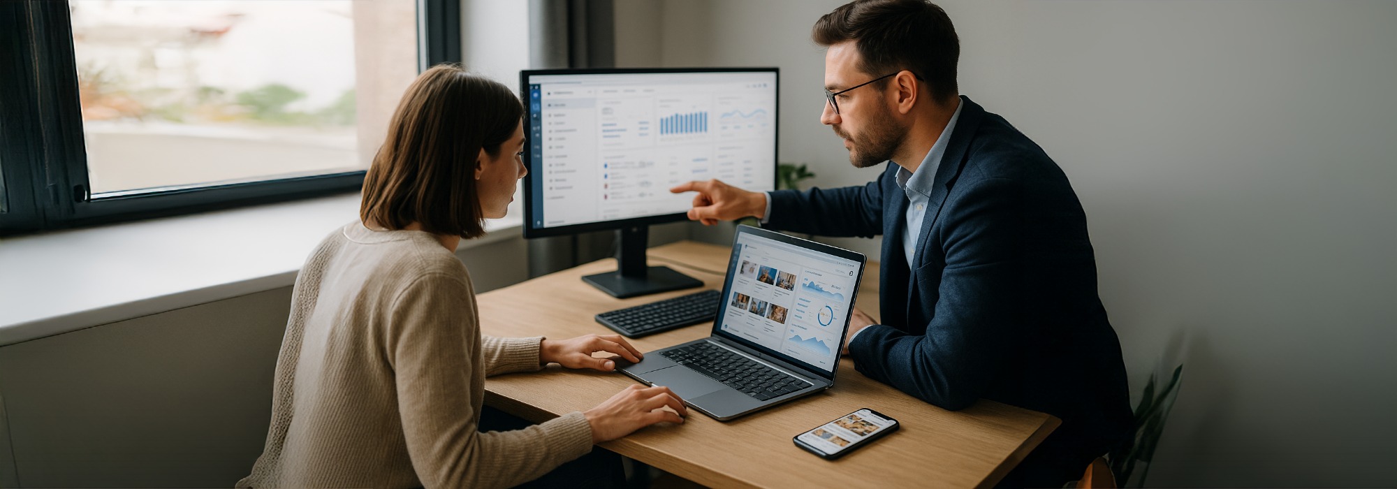 Two marketing professionals reviewing social media dashboards on dual screens and a laptop in a bright UK office, representing content creation and performance optimisation.