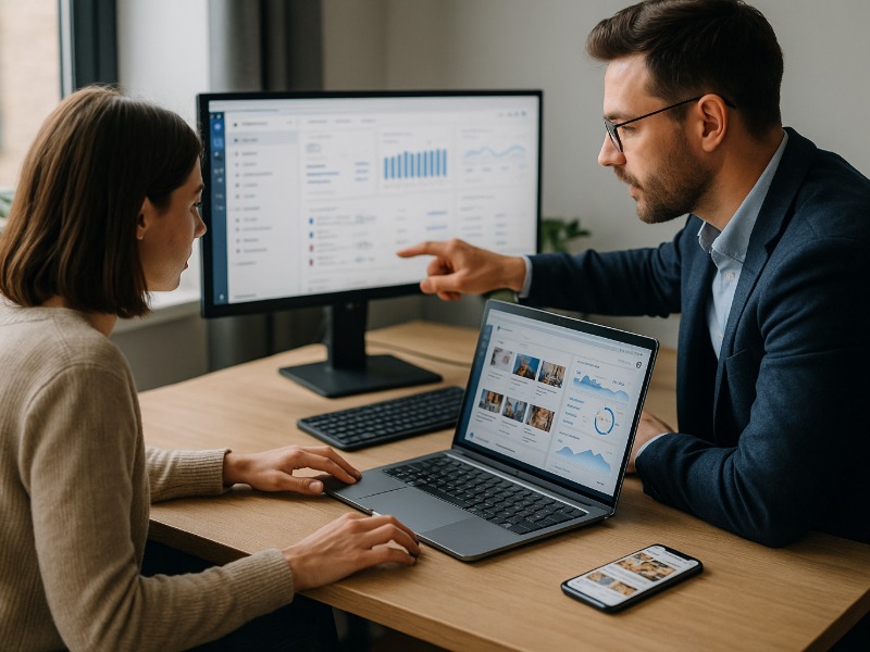 Digital marketing team analysing social media metrics and post performance on computer screens, symbolising professional Facebook, Instagram, and LinkedIn content management.