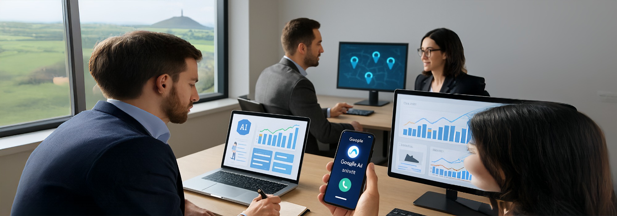 Professionals collaborating in a modern workspace on SEO, AI content, and digital marketing strategies, representing business growth and online visibility.