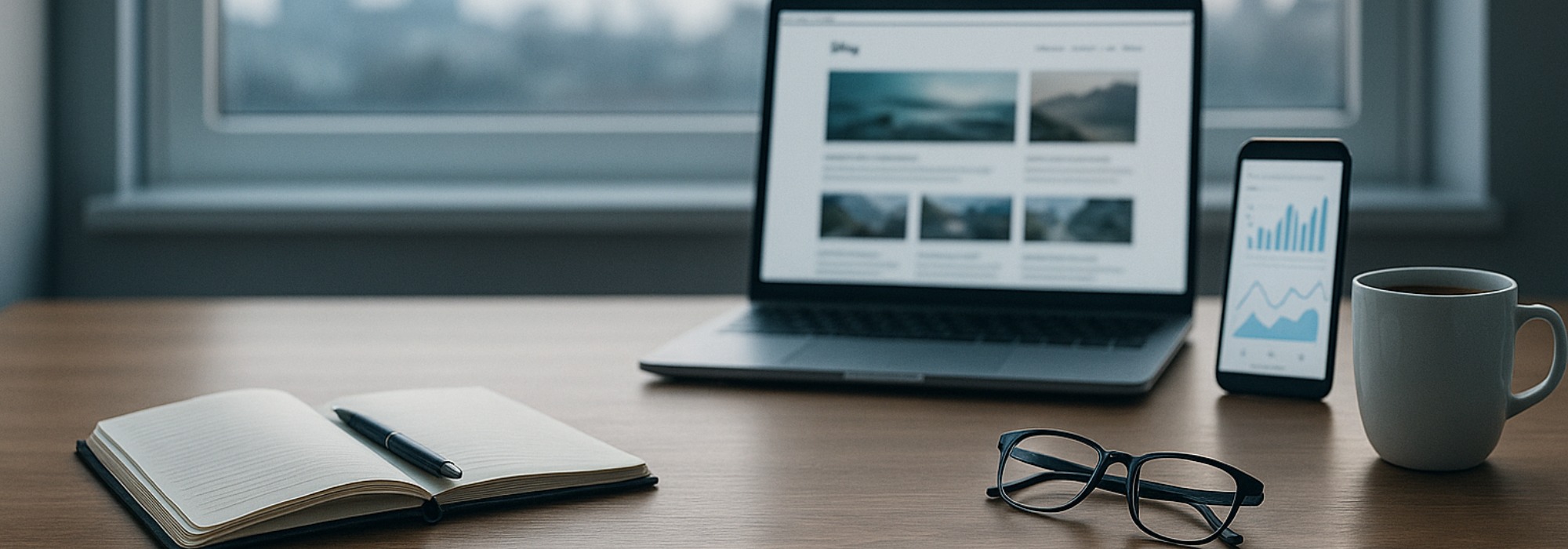 Modern UK workspace with laptop, smartphone, and coffee cup representing SEO and digital marketing insights.