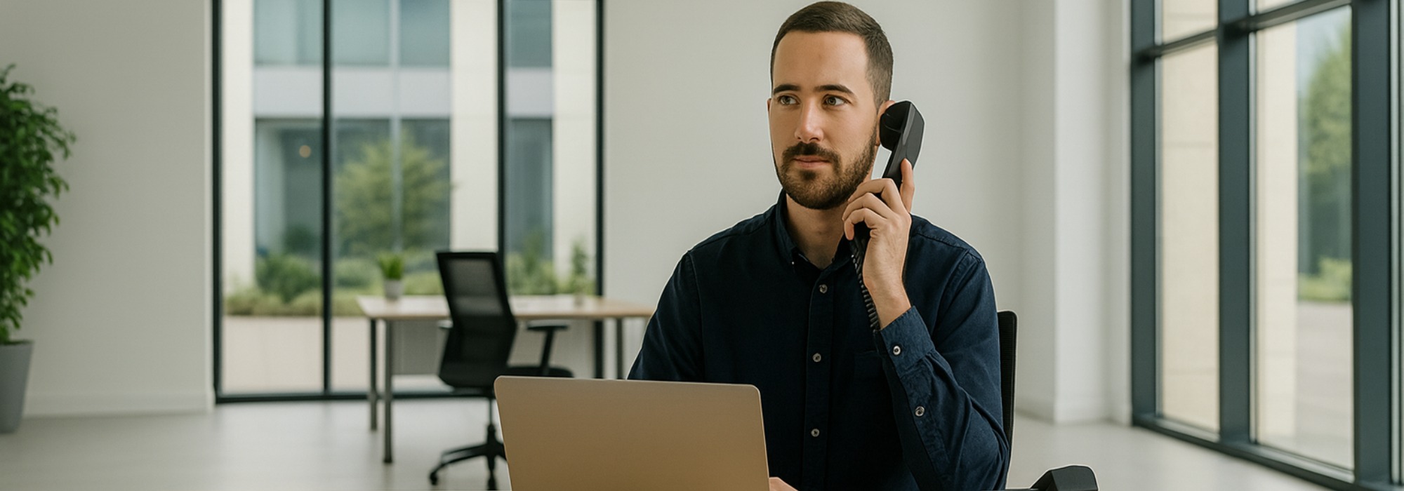 Professional working in a modern office using a desk phone and laptop, symbolising business contact and professional communication.