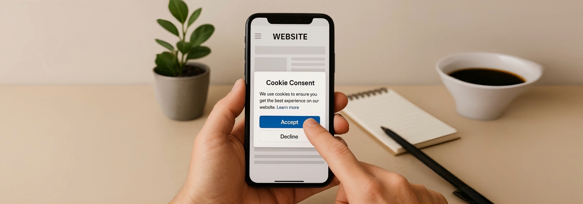 Close-up of a modern smartphone and coffee cup on a wooden desk, symbolising online privacy, cookie management, and secure website browsing - used for the Cookie Policy page on the KAP SEO Services website.