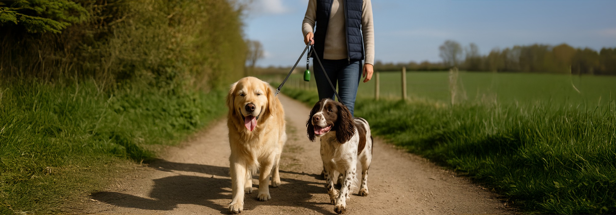 Golden Retriever and Springer Spaniel walking on a countryside path near Bridgwater, Somerset, representing Donna’s Pet Services Local SEO success in dog walking and pet care..