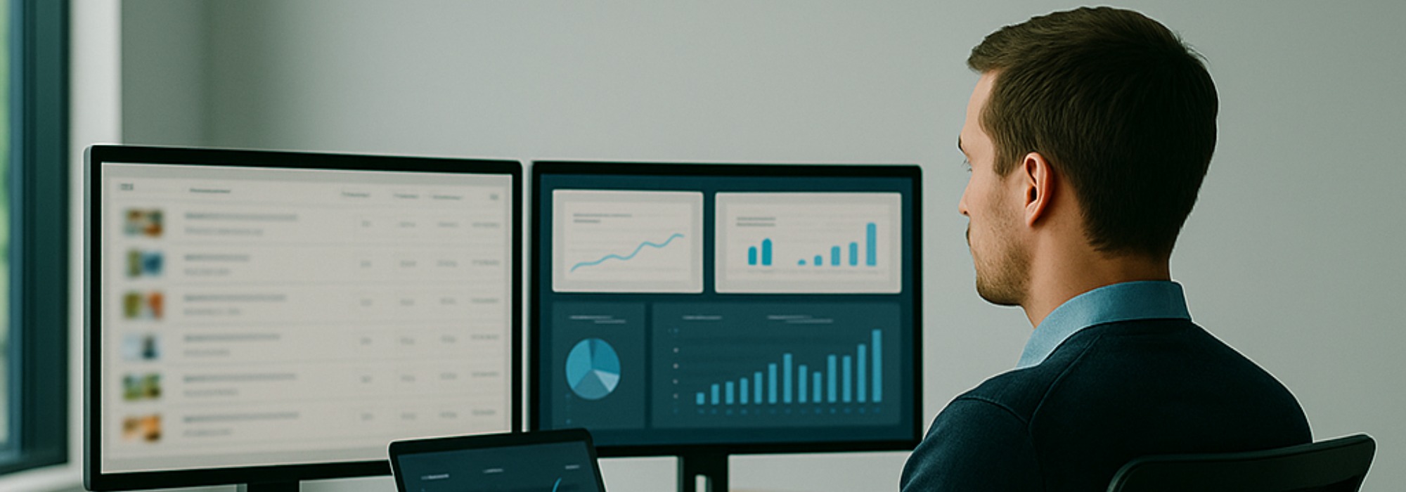 Modern UK office with a professional seated at a desk, working on dual monitors and a laptop displaying blurred ecommerce product feeds and campaign performance dashboards. Bright natural daylight, clean décor, wide negative space for text overlays