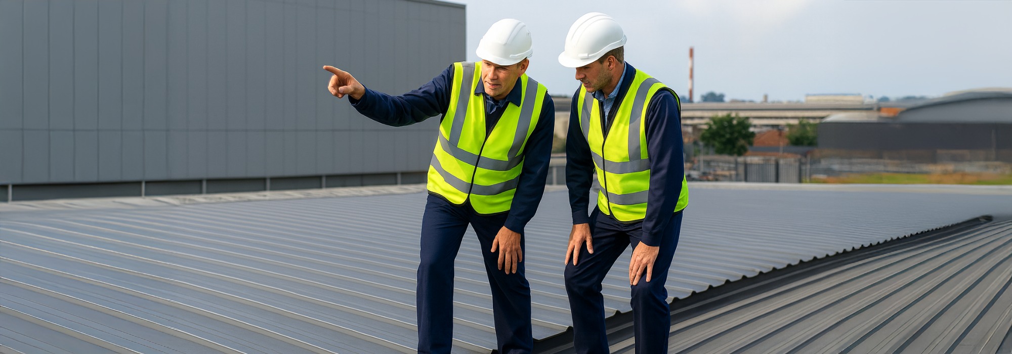 Two roofers in high-visibility jackets and hard hats inspecting an industrial metal roof in the UK, representing SEO growth case study results for Industrial Roofing Services.