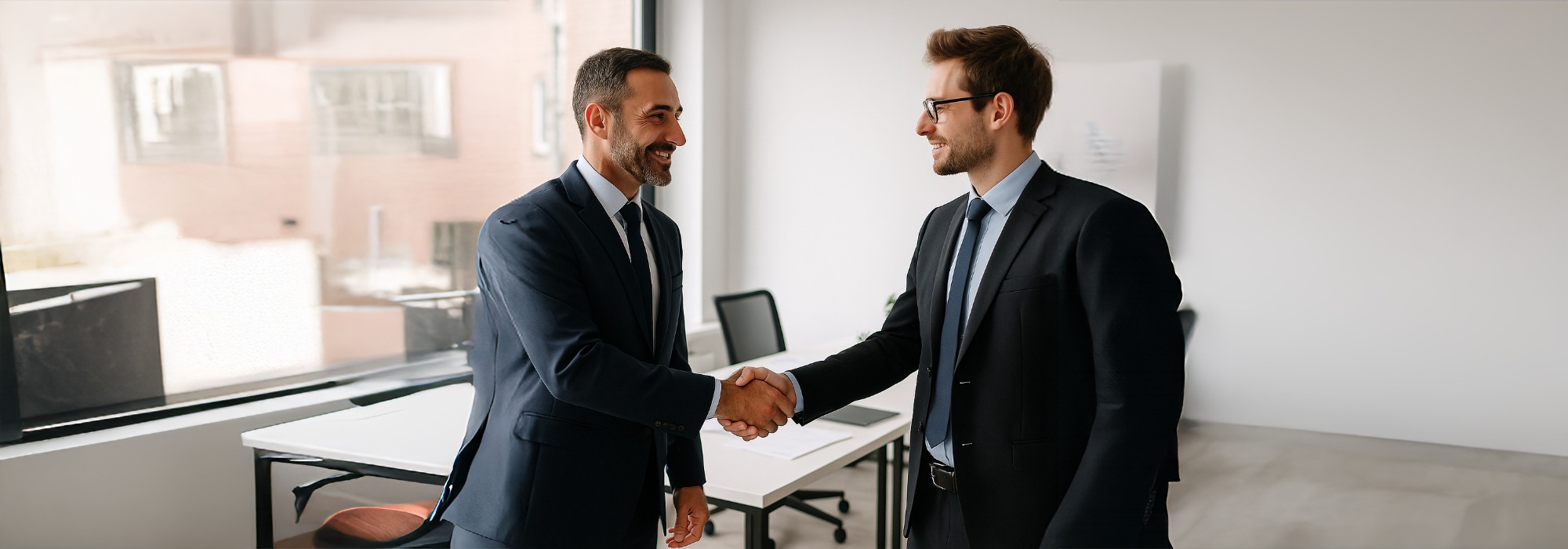 Two business professionals shaking hands in a modern UK office, symbolising agreement, transparency, and professional integrity for the Terms of Use page.