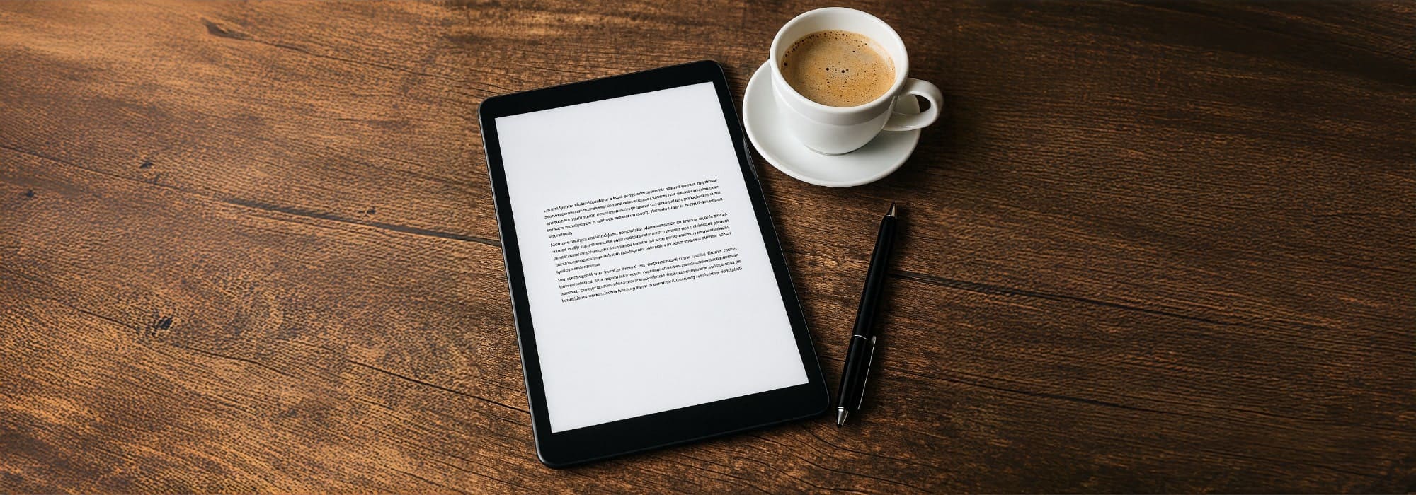 Tablet displaying text on a wooden desk beside a coffee cup, representing data privacy, secure reading, and digital information protection for the Privacy Policy page.