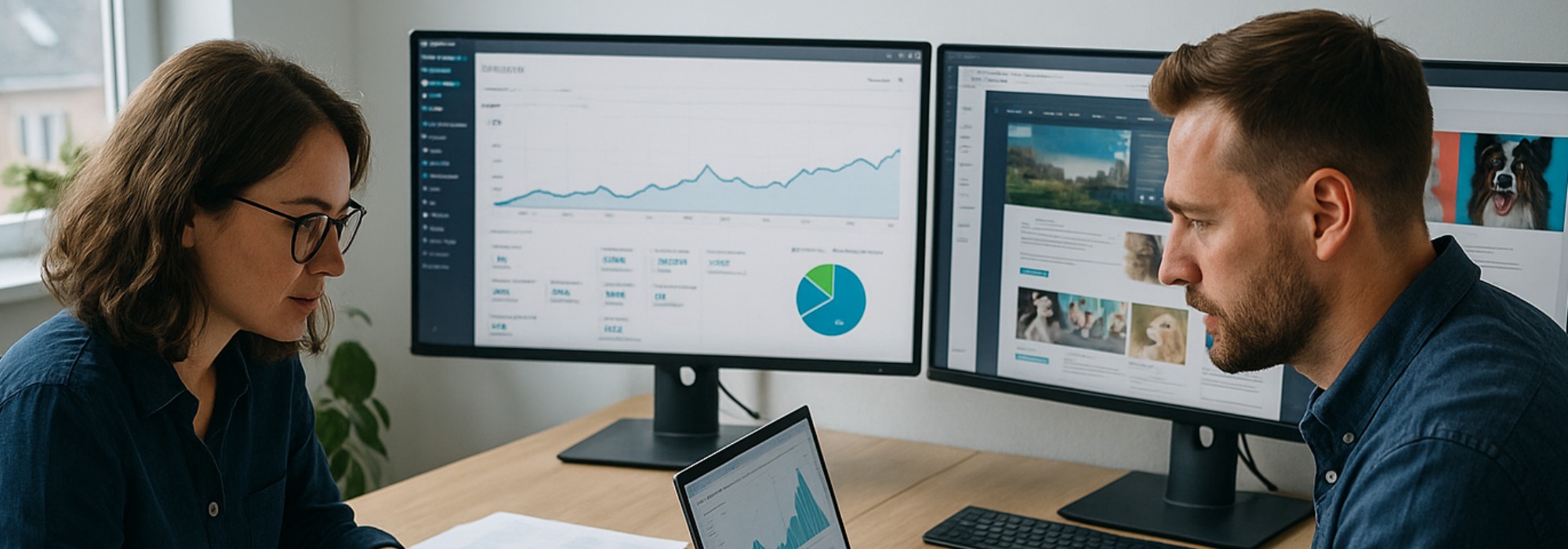 Two professionals in a modern UK office reviewing SEO analytics on laptops and monitors, representing a digital agency business growth case study.