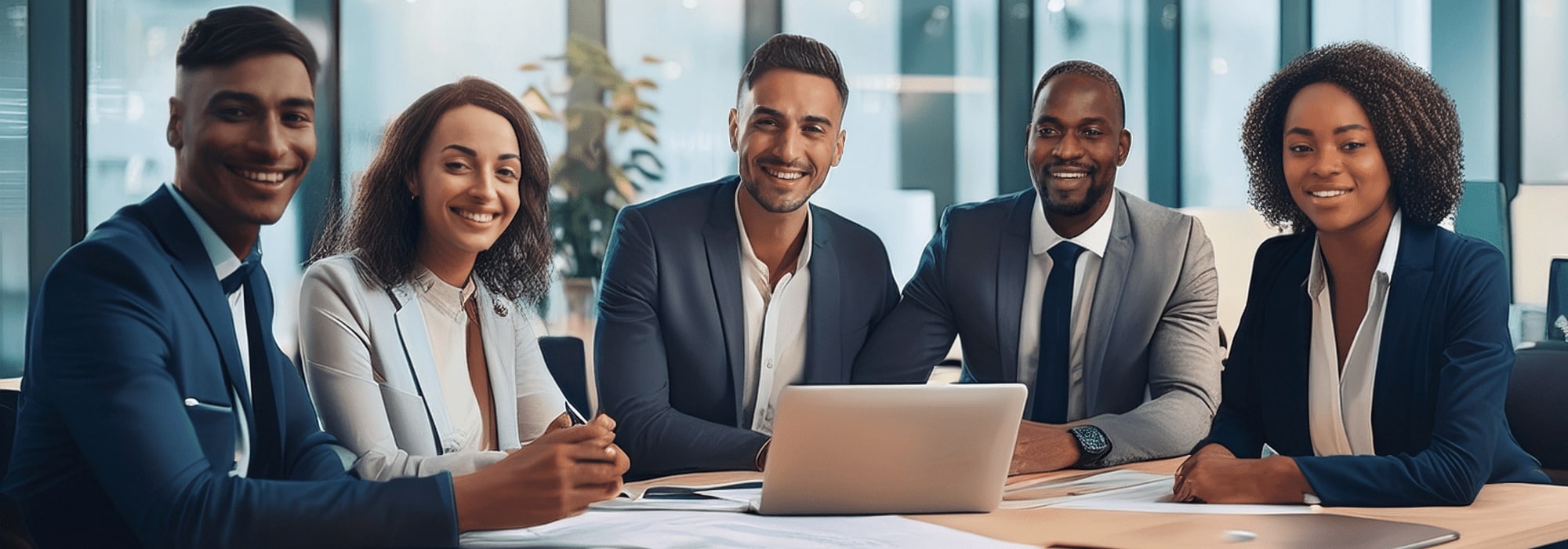 Professional group of diverse business professionals in a modern UK office, smiling and engaged in discussion, representing trust, satisfaction, and positive SEO client testimonials.