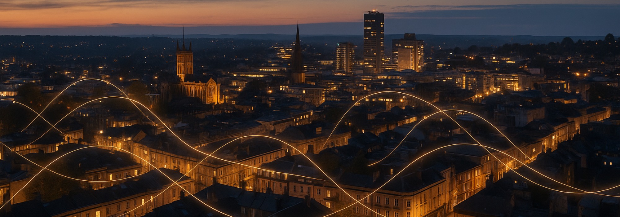 A cinematic aerial view of a UK city skyline at dusk with glowing digital data streams weaving across rooftops, symbolising SEO visibility, PPC, and digital growth.