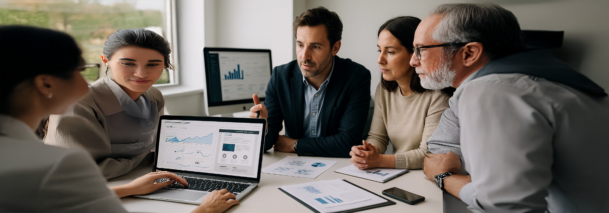 Four professionals in a modern office reviewing website analytics on laptops and monitors, representing a website audit case study and improved online visibility.