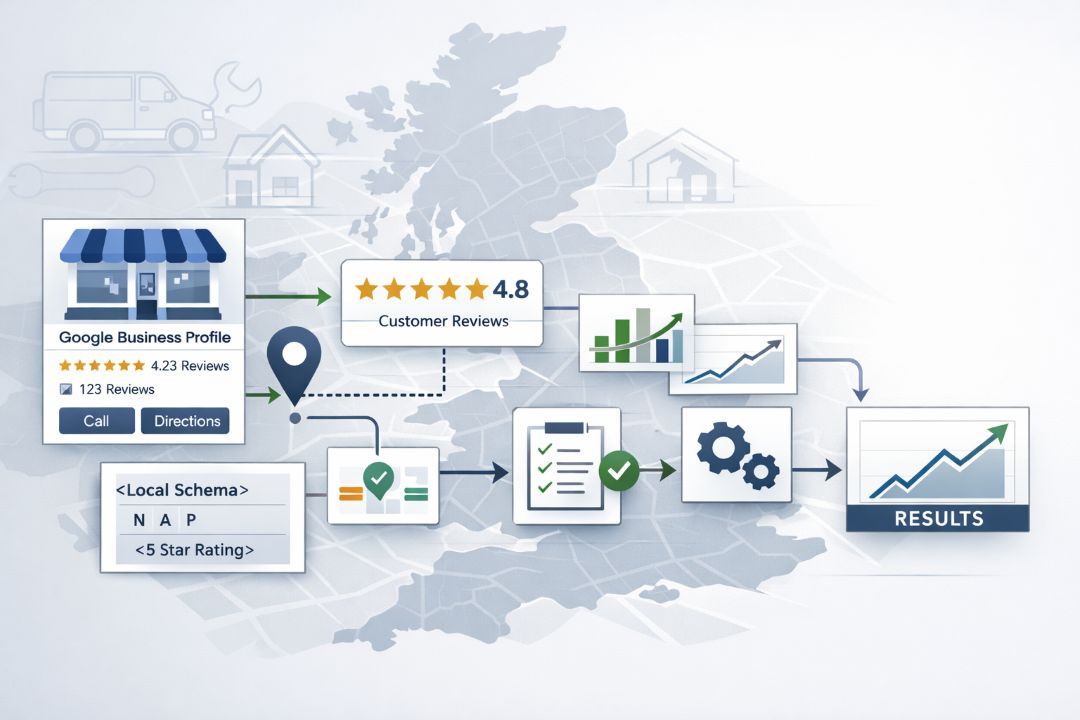 Visual overview of a data-driven local SEO system combining Google Business Profile optimisation, reviews, structured data, citations, and measurable growth for UK service businesses.