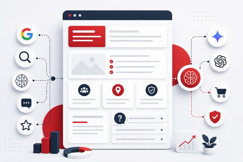 Illustration of a structured service webpage connected to search, AI, trust and decision-making icons.