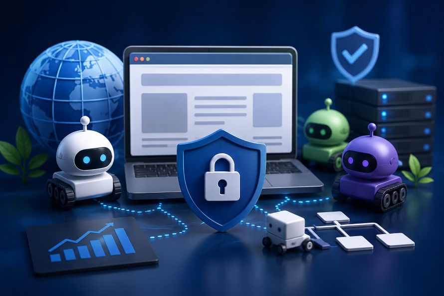 3D illustration of a website protected by crawler bots, security shield, server controls and search visibility signals