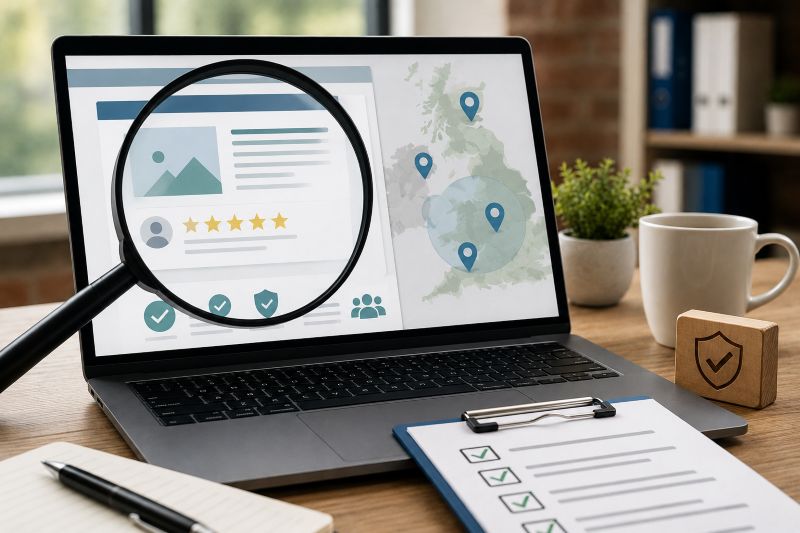 Laptop showing a service website audit with trust signals, location markers and checklist items for AI extraction and SEO clarity.