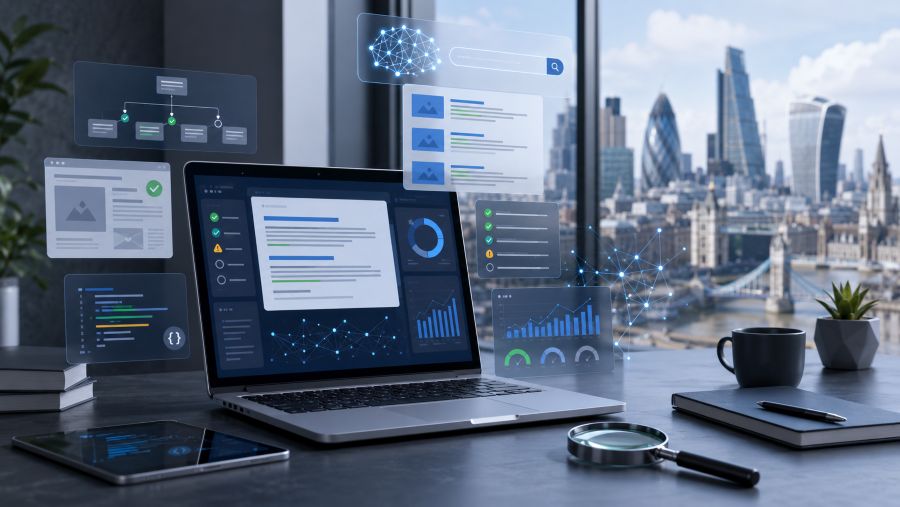 Modern laptop showing website audit panels, AI search signals and checklist visuals for AI Overview readiness