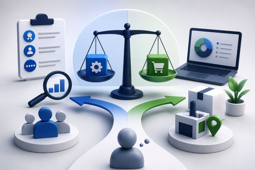 Decision Systems 3D illustration of a decision-making balance comparing services, products and suppliers with analytics and commerce icons