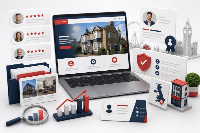 Digital marketing illustration showing reviews, case studies, author signals, trust icons and UK service business proof assets on a website dashboard.