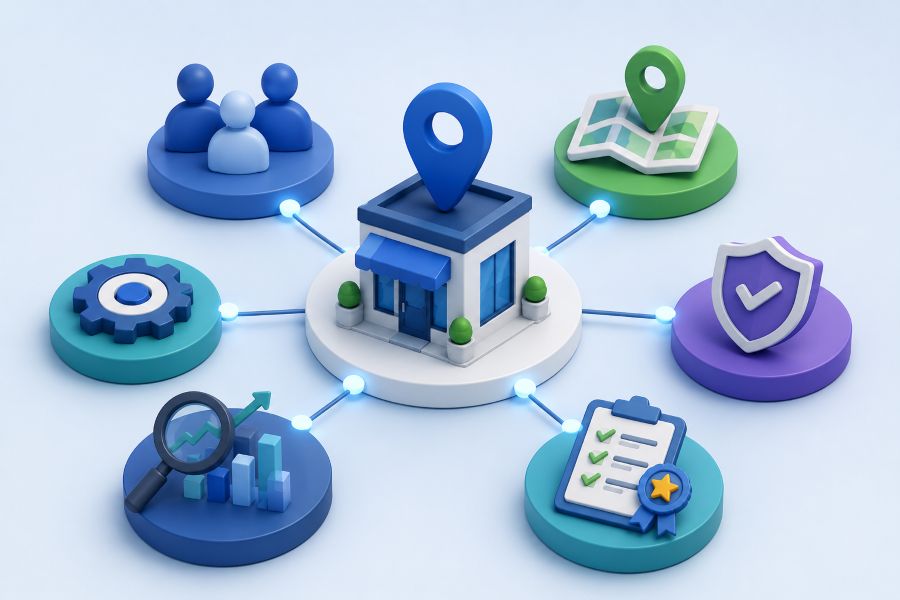3D illustration of a central business hub connected to icons for services, locations, people, proof and search visibility