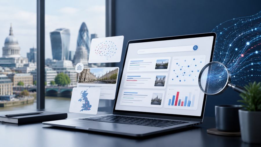 Digital marketing and AI search concept showing a laptop with search panels, data visuals and network signals in a UK business setting.
