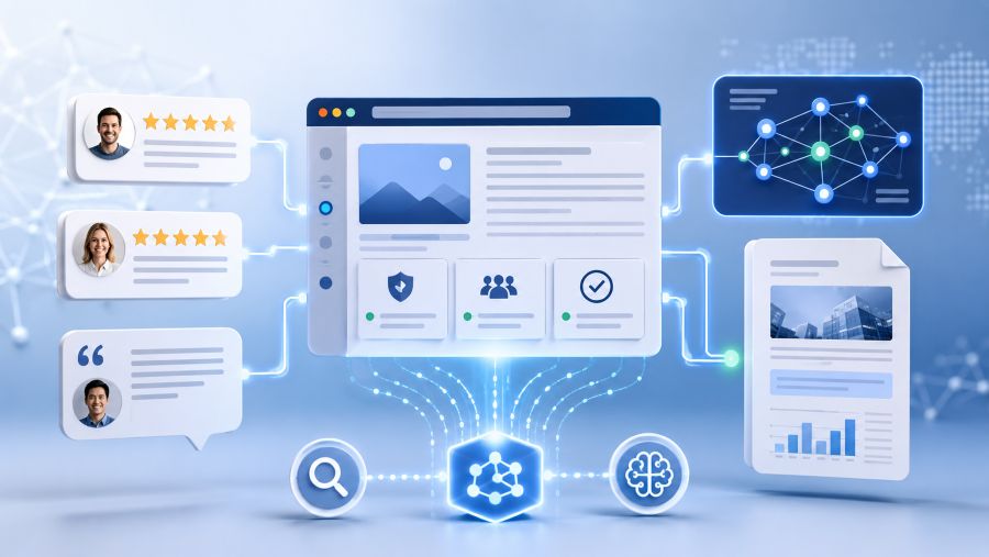 Digital dashboard showing reviews, testimonials, case study proof and trust signals connected to search and AI analysis