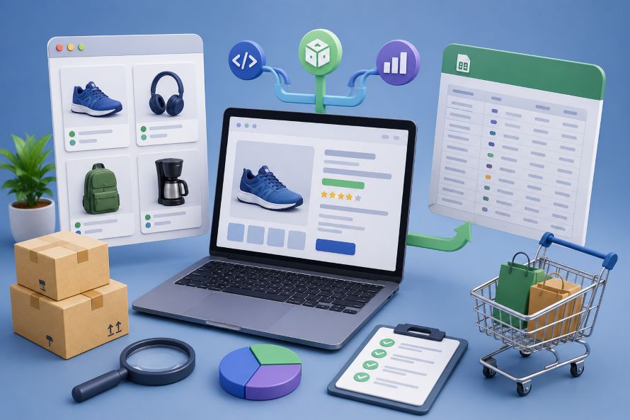 3D illustration of ecommerce product pages, structured data, product feed tables and shopping cart signals
