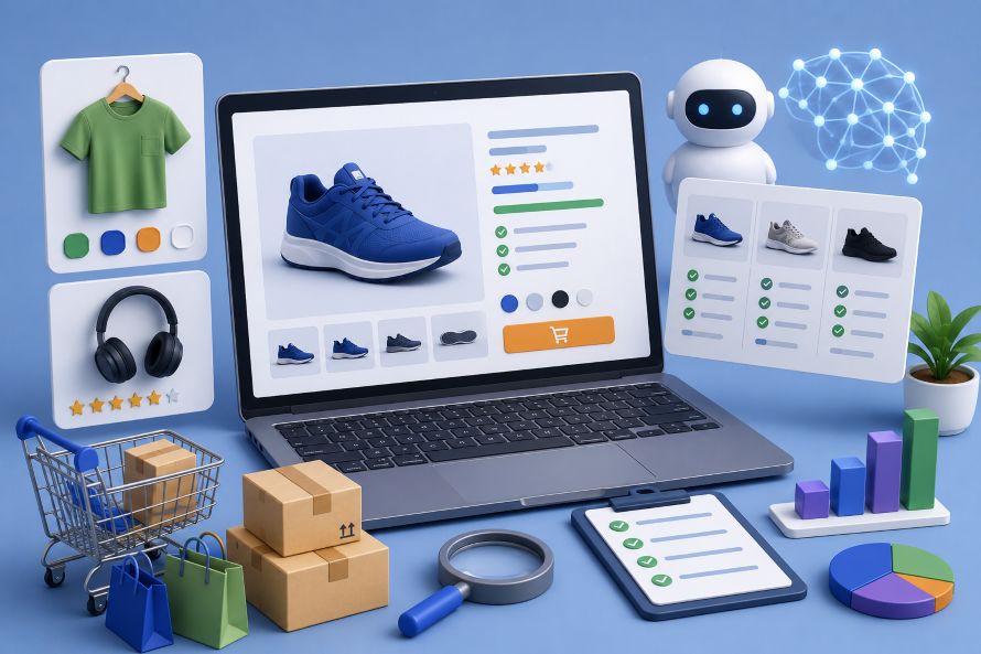 3D illustration of an ecommerce product page with product cards, shopping cart, AI assistant, attributes and analytics signals