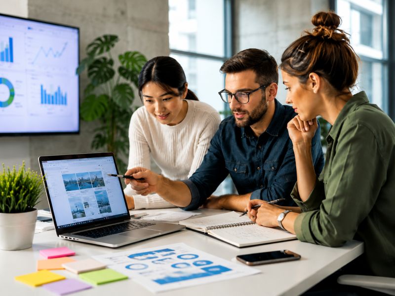 SEO content strategy and copywriting team reviewing website content, analytics and search performance.