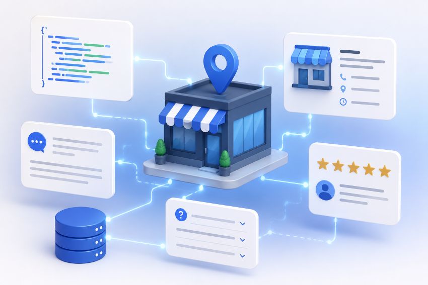 3D illustration of a local business connected to structured data panels for services, FAQs and review signals